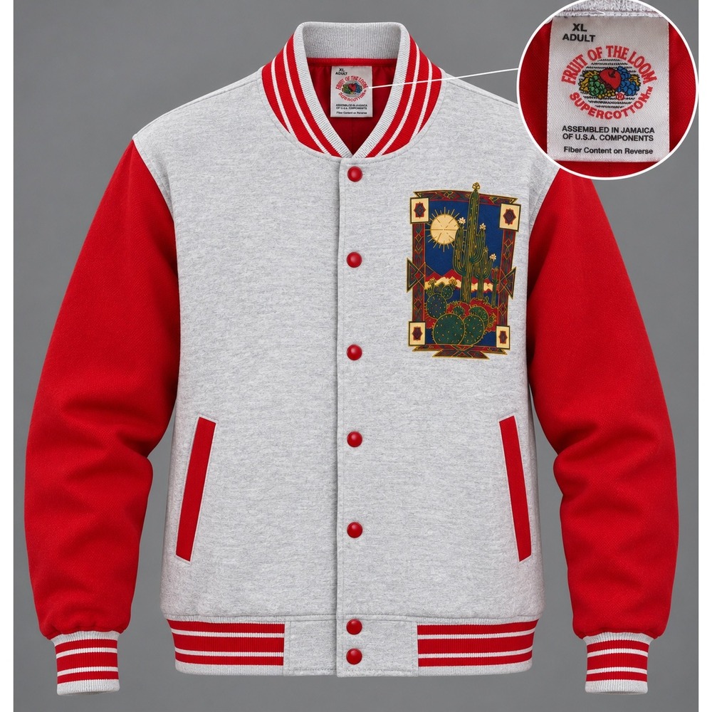 Vintage 2001 Fruit Of The Loom Supercotton Varsity Jacket XL Red Grey Cactus EUC